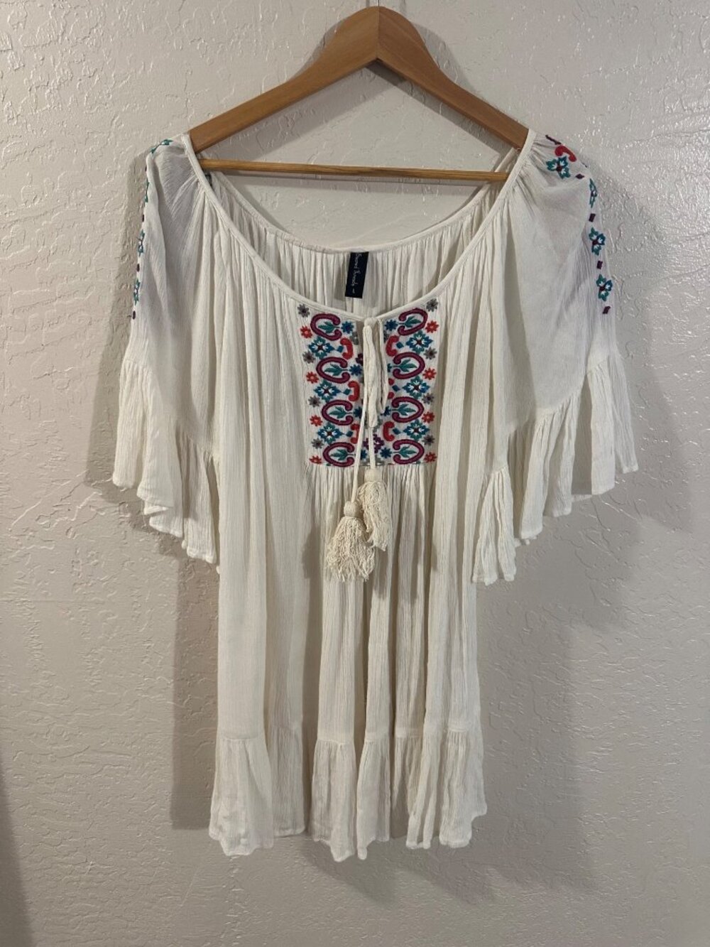 Sacred Threads Boho Bell Sleeved Embroidered Tassle Hippie Peasant Tunic Top
